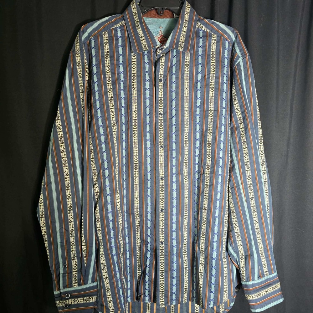 Robert Graham Mens XL Long Sleeve Button Down Shirt Blue Stripe Silk Trim Cotton